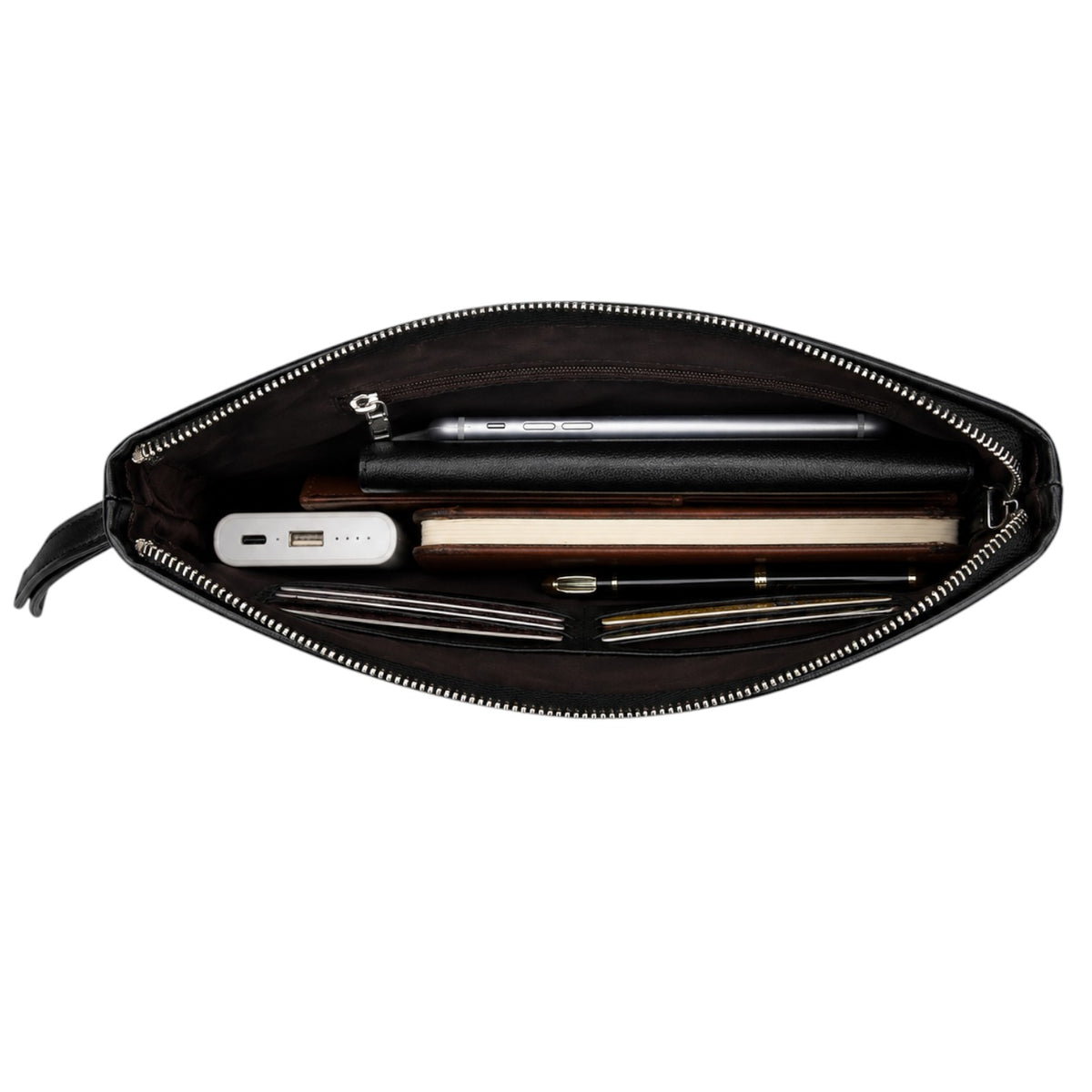 Pochette homme Univers Sac en cuir PU noir, vue intérieure montrant des compartiments pour téléphone et accessoires.