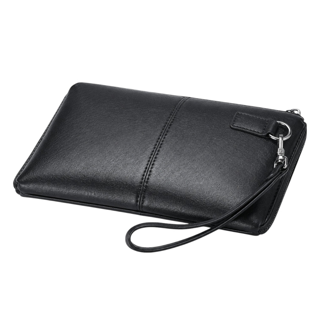 Pochette Univers Sac pour homme en cuir noir avec dragonne, style vintage et fermeture zippée sécurisée.
