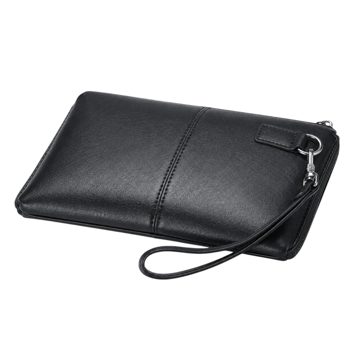 Pochette Univers Sac pour homme en cuir noir avec dragonne, style vintage et fermeture zippée sécurisée.