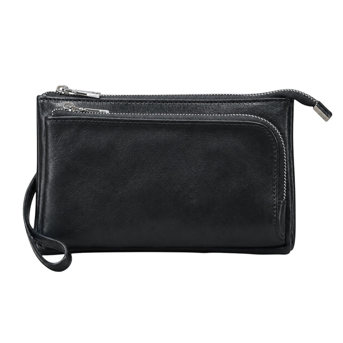 Pochette homme Univers Sac en cuir véritable noir avec fermeture éclair et dragonne, style décontracté et pratique.