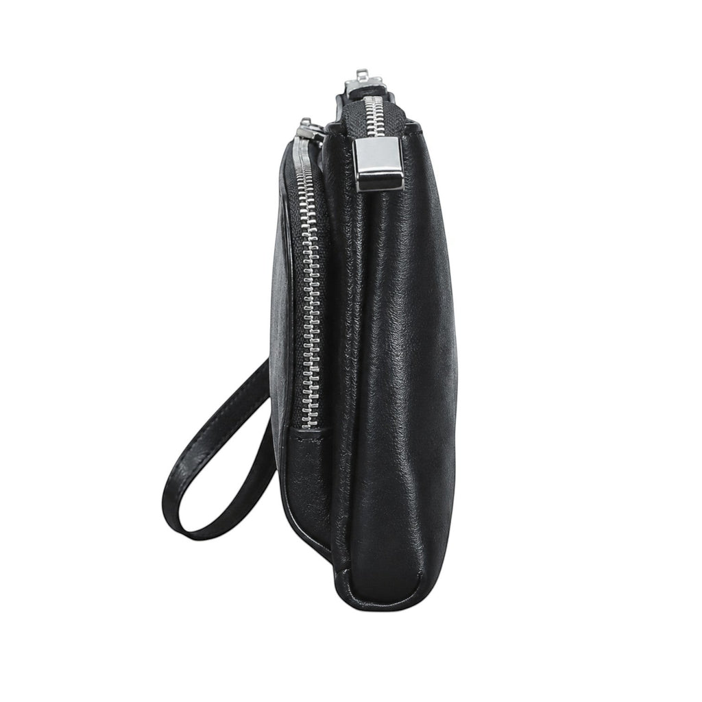 Pochette homme Univers Sac en cuir véritable couleur café avec fermeture éclair et dragonne, vue de profil.