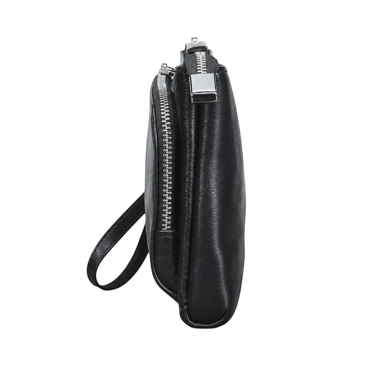 Pochette homme Univers Sac en cuir véritable couleur café avec fermeture éclair et dragonne, vue de profil.