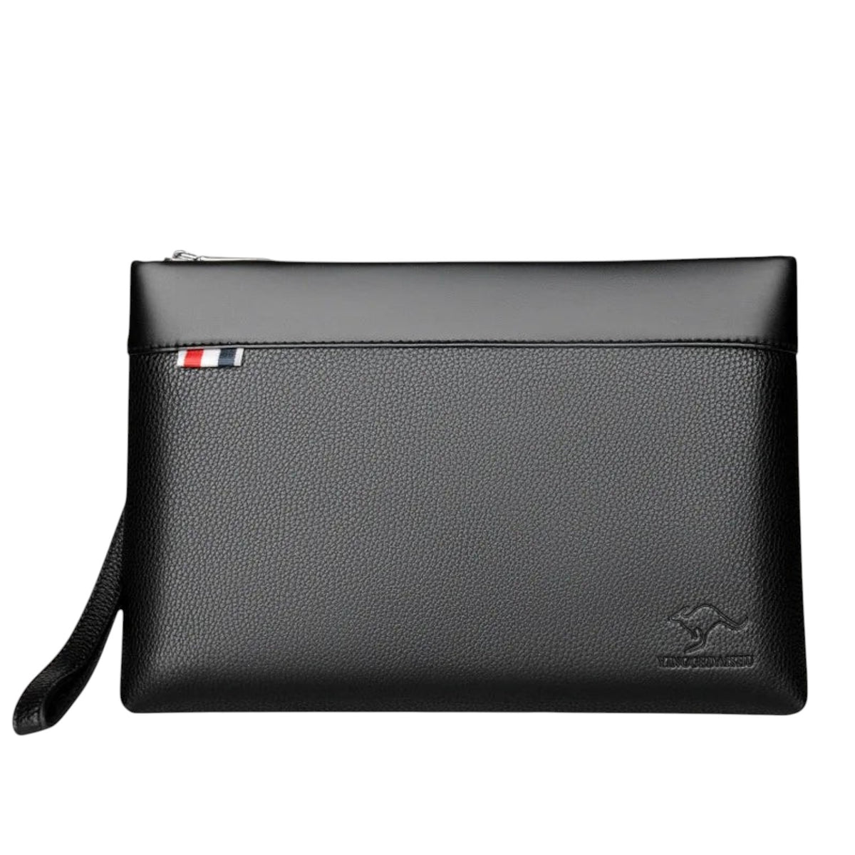 Pochette homme noire en similicuir Univers Sac avec fermeture éclair, dragonne et détail tricolore élégant