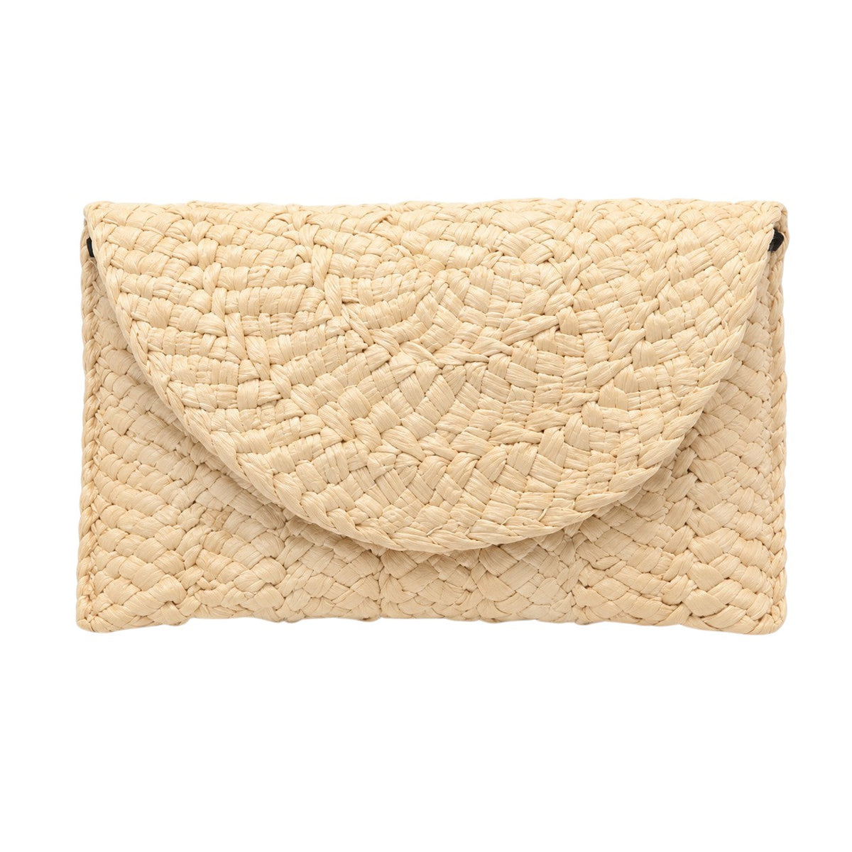 Pochette femme en paille tressée beige, style bohème, fermeture à rabat, par Univers Sac.