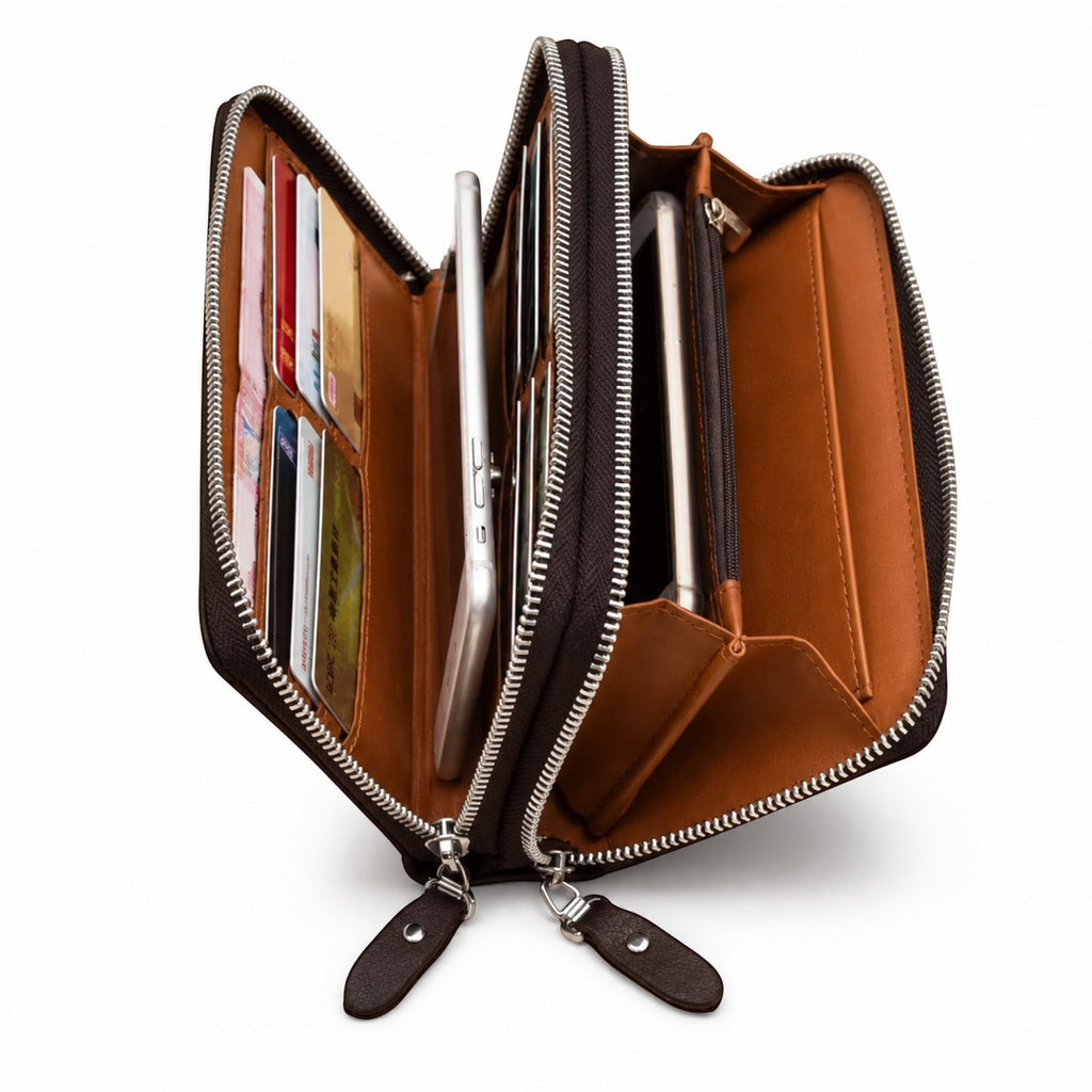 Portefeuille homme Univers Sac en cuir PU marron avec multiples compartiments pour cartes et téléphone portable