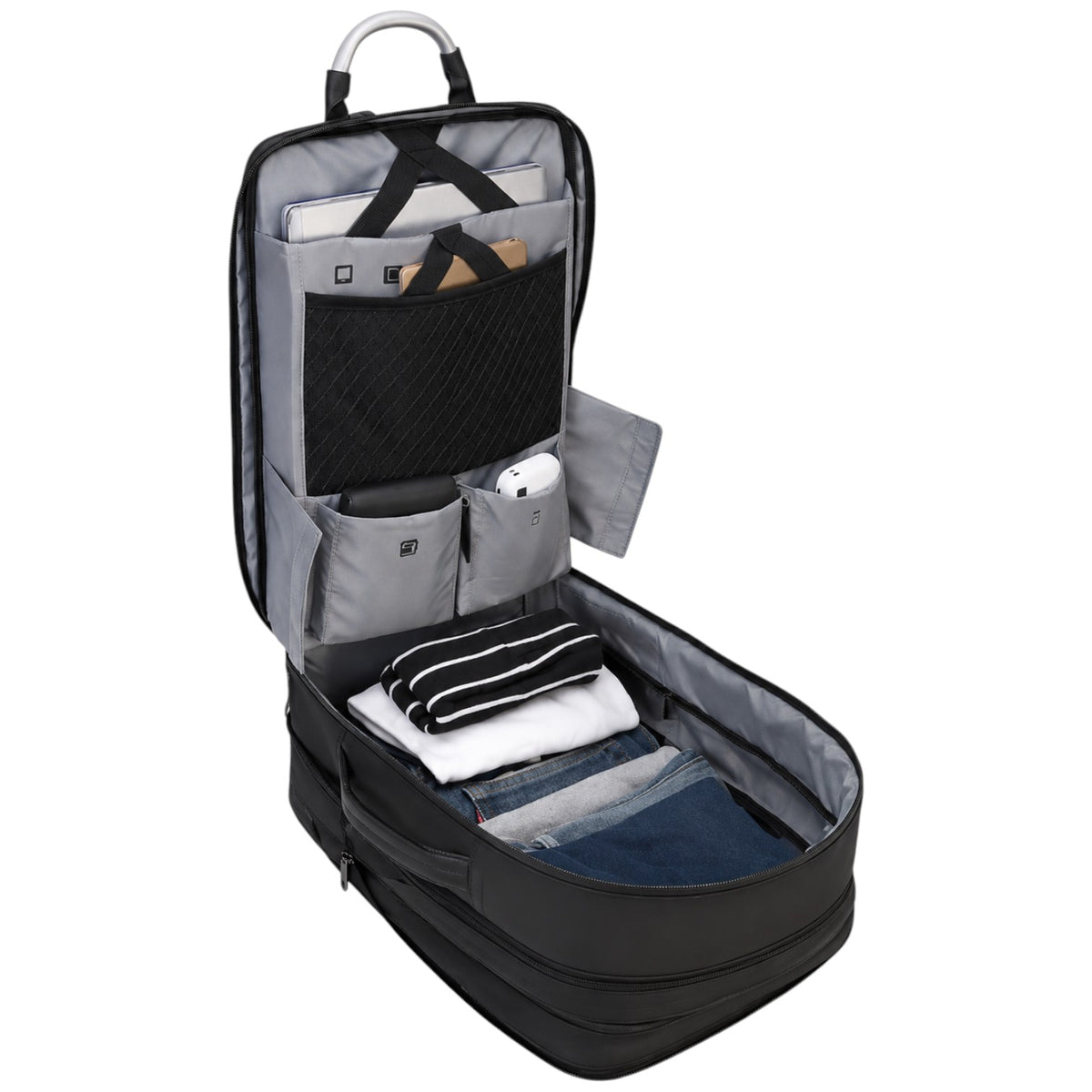 Sac à dos business Univers Sac noir, ouvert avec compartiments organisés pour ordinateur et vêtements de voyage