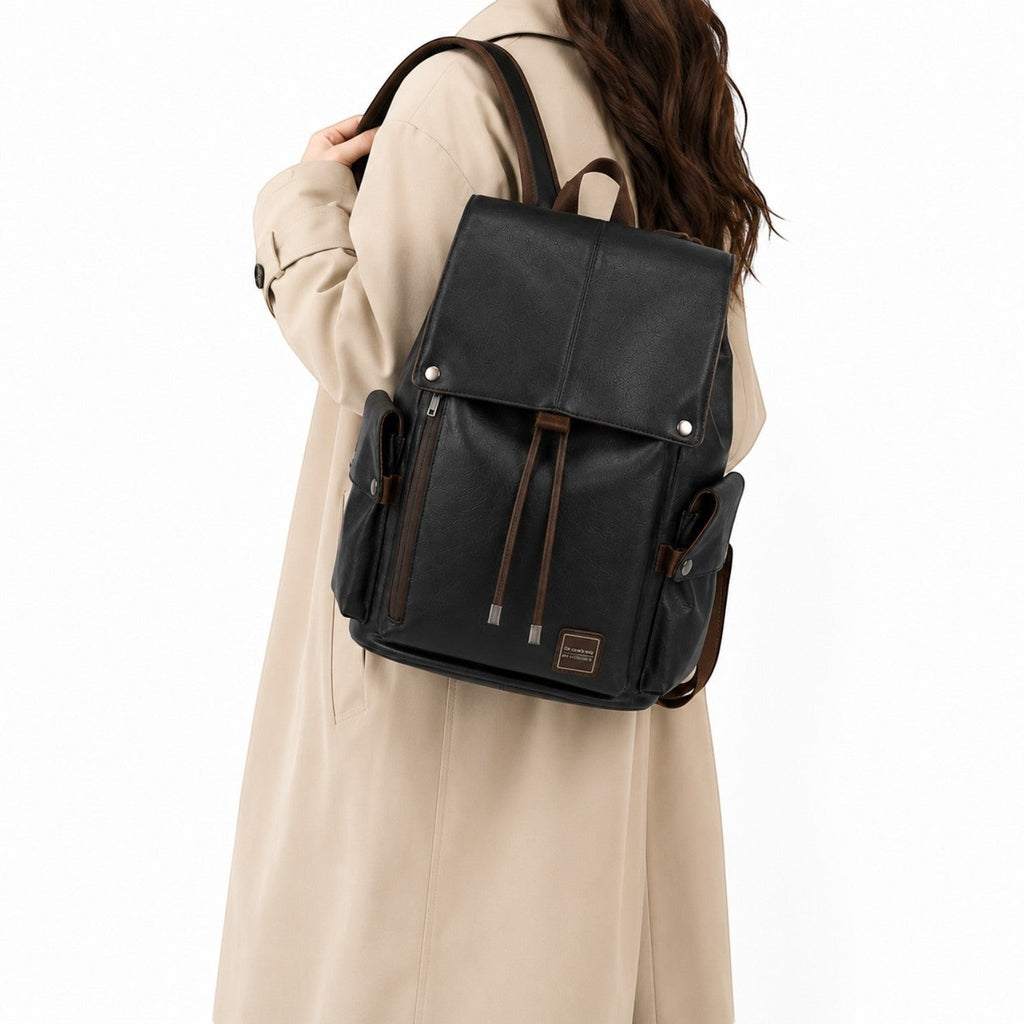Sac à dos vintage Univers Sac en cuir PU noir avec poches latérales, idéal pour ordinateur portable 15,6 pouces.