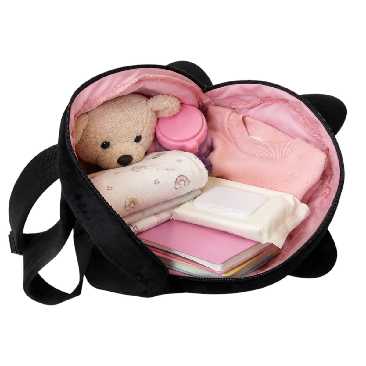Sac à dos enfant Univers Sac en coton noir avec doublure rose, rempli d'accessoires pour la maternelle