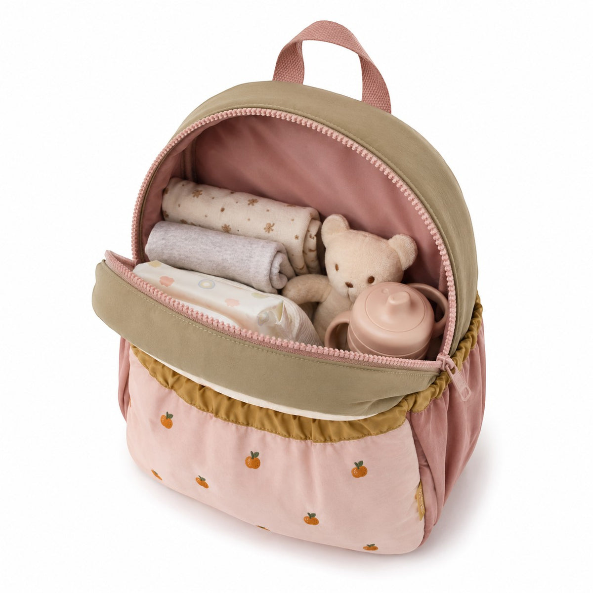 Sac à dos enfant Univers Sac rose et kaki avec broderies pommes, léger et pratique pour la maternelle