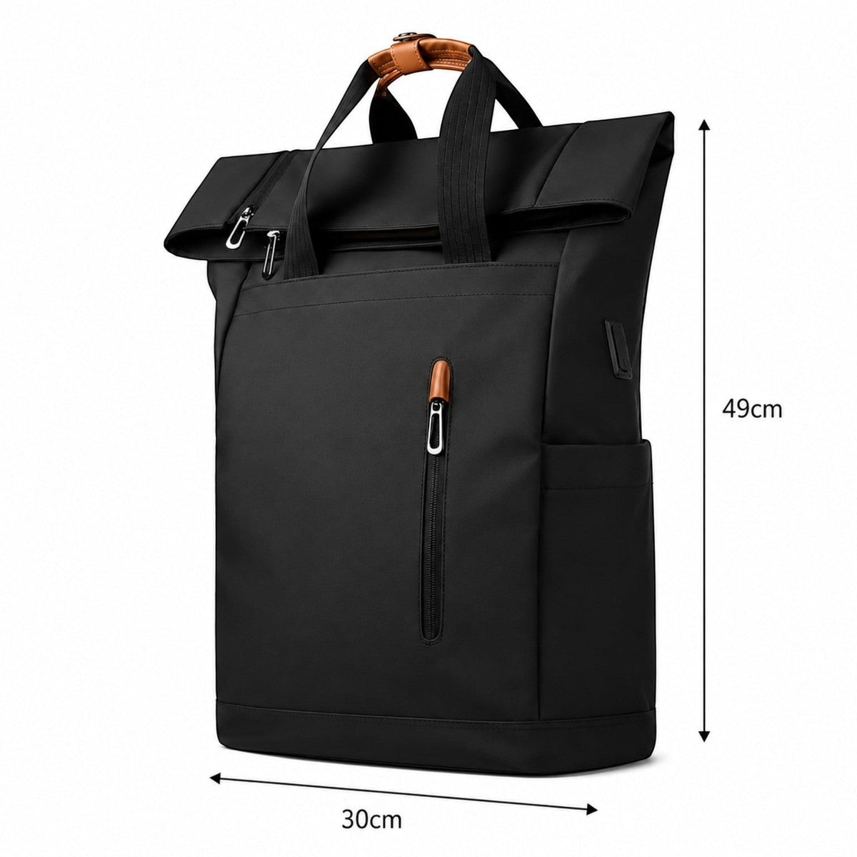 Sac à dos noir Univers Sac avec fermeture roll-top, port USB, compartiment pour ordinateur 15,6 pouces et détails cuir