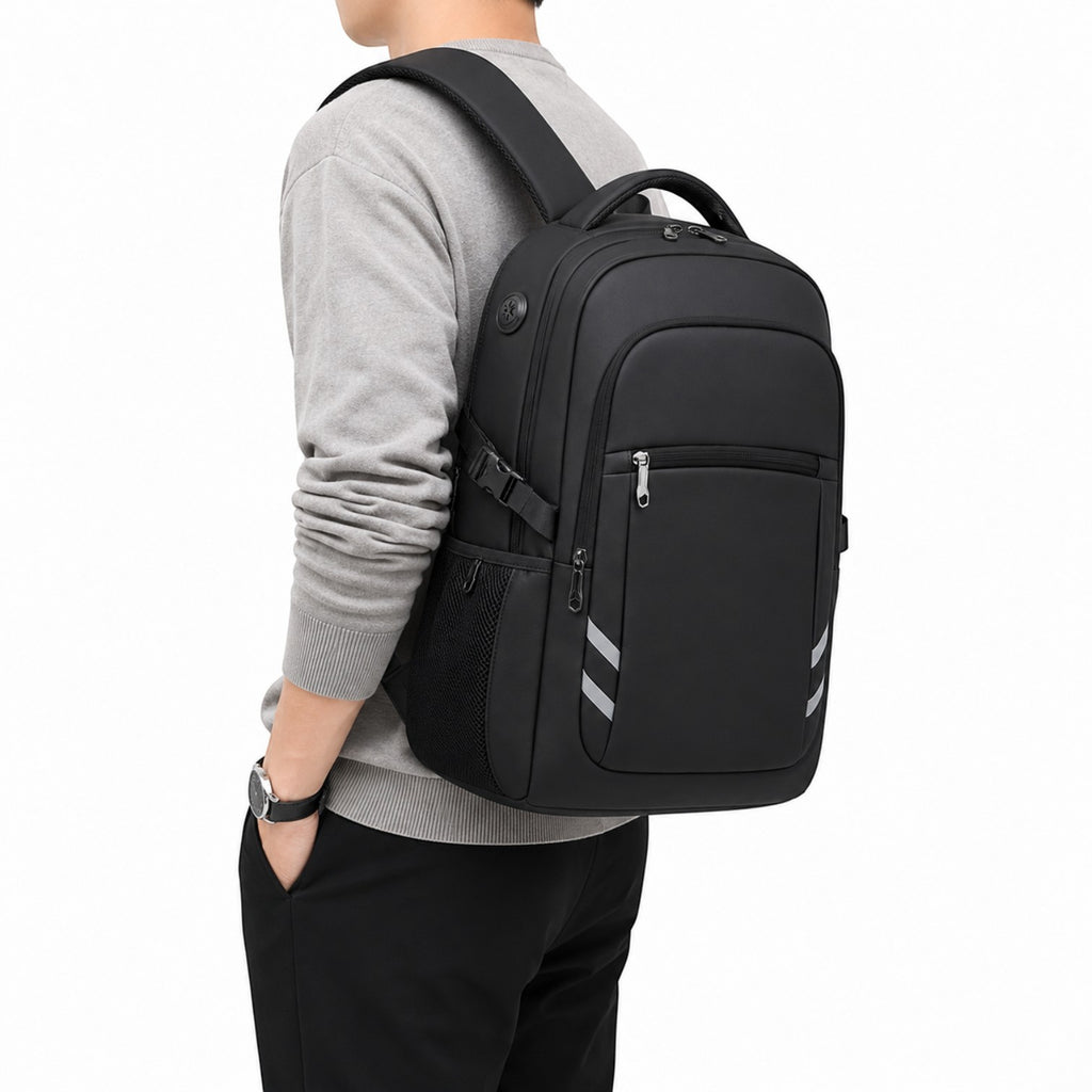 Sac à dos Univers Sac noir imperméable en tissu Oxford avec port USB, bandes réfléchissantes et compartiment ordinateur