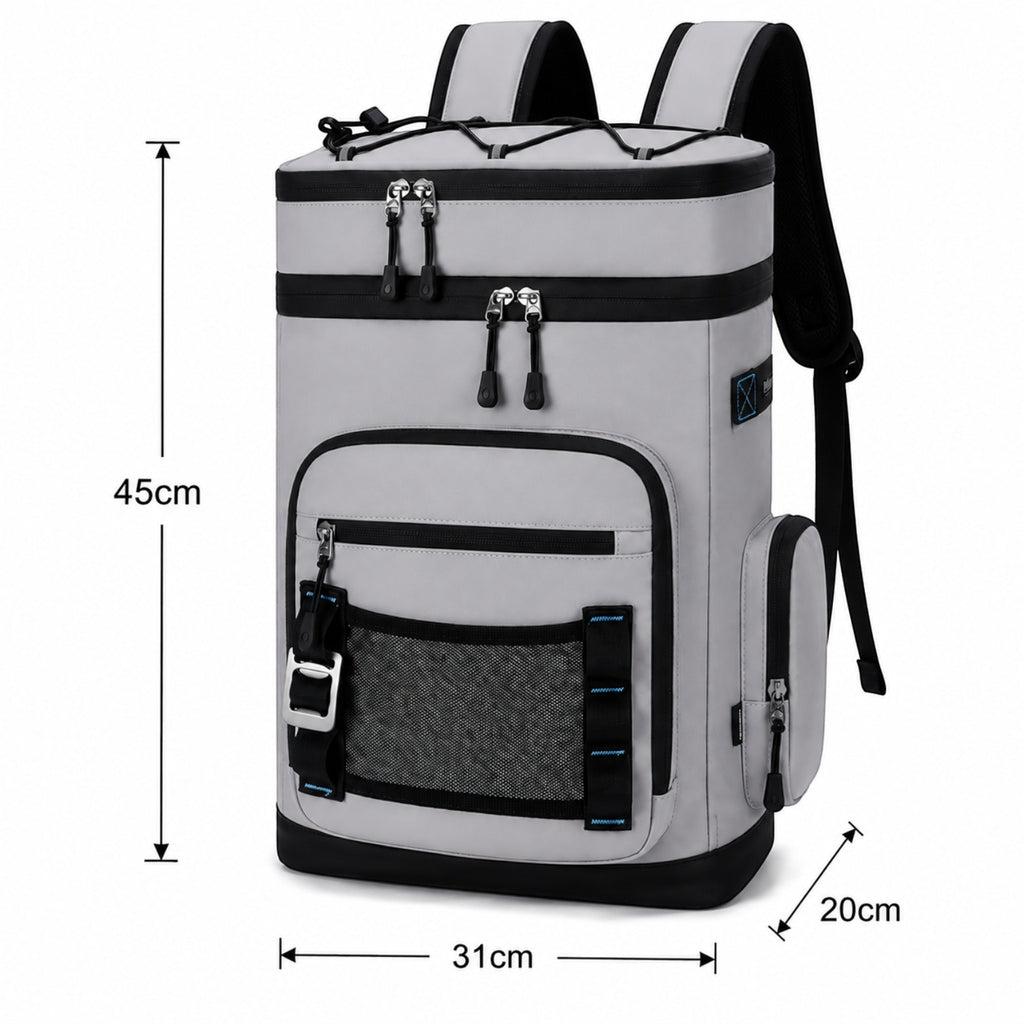 Sac à dos isotherme étanche 30L gris de Univers Sac avec poches multiples pour le camping et les voyages.