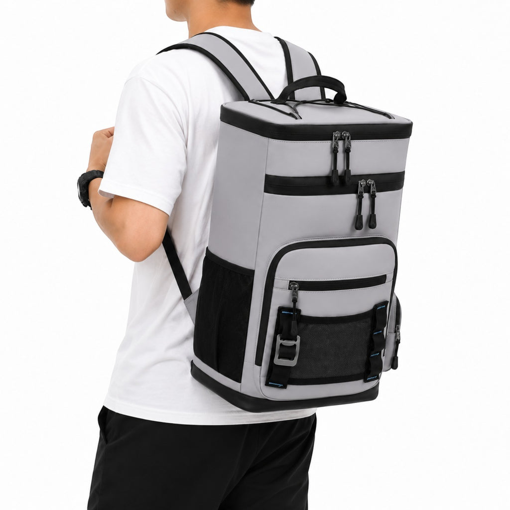Sac à dos isotherme étanche 30L gris de la marque Univers Sac, idéal pour le camping, la plage et les randonnées.