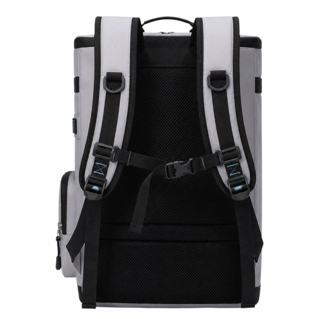 Vue arrière du sac à dos isotherme étanche 30L Univers Sac en nylon gris avec bretelles rembourrées et dos en maille.