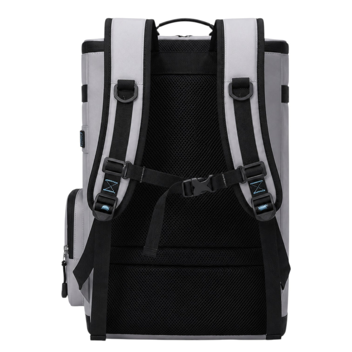 Vue arrière du sac à dos isotherme étanche 30L Univers Sac en nylon gris avec bretelles rembourrées et dos en maille.