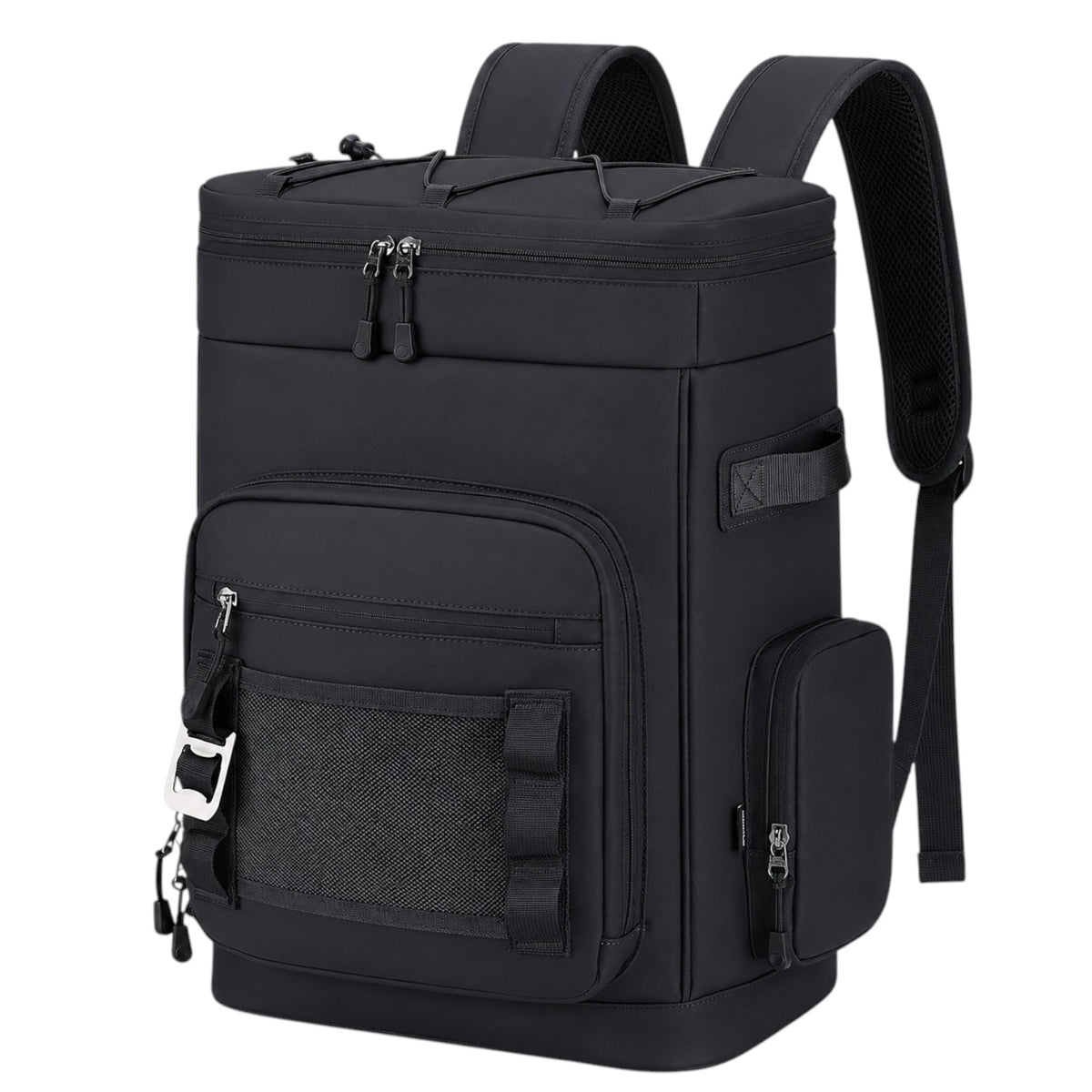 Sac à dos isotherme noir 30L Univers Sac, étanche et robuste pour camping, randonnée et pique-nique avec décapsuleur.