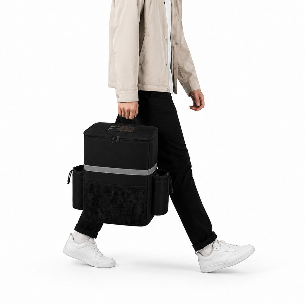 Sac à dos isotherme noir Univers Sac pour livraison de repas avec bandes réfléchissantes et poches latérales