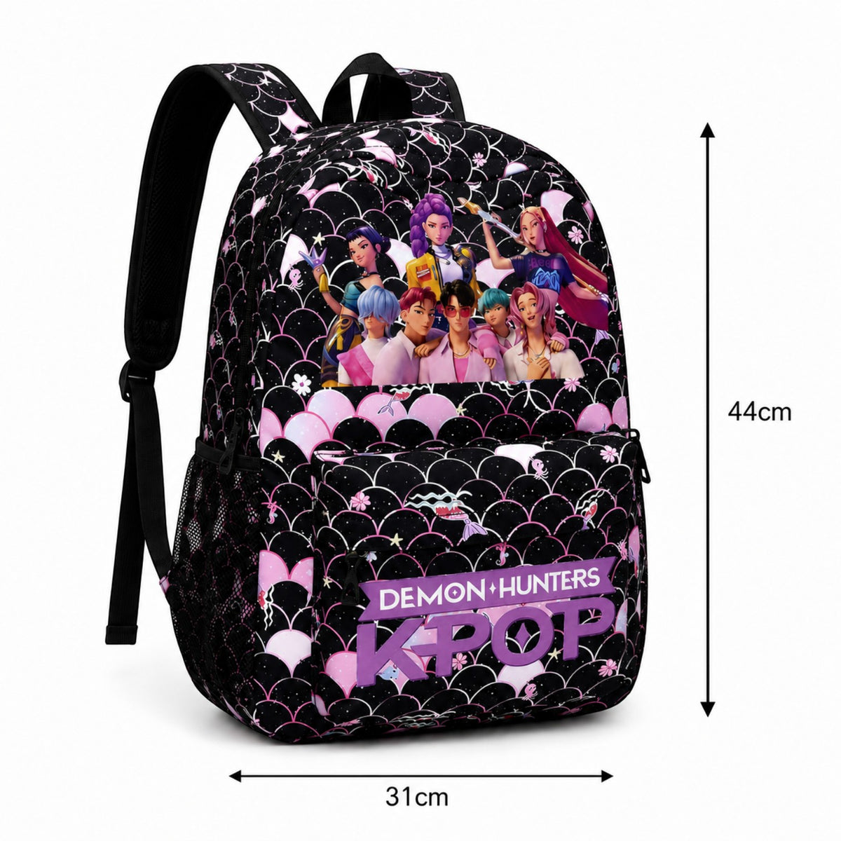Sac à dos scolaire Univers Sac noir avec motif écailles et personnages KPop Demon Hunters, en polyester résistant.