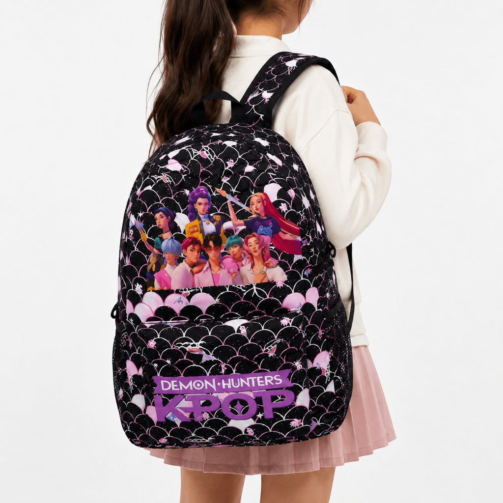 Sac à dos Univers Sac noir avec imprimé KPop Demon Hunters, motif écailles, poches latérales et bretelles confortables