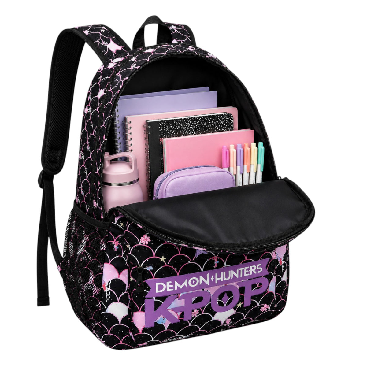 Sac à dos Univers Sac noir et rose avec motif écailles, style KPop Demon Hunters, rempli de fournitures scolaires