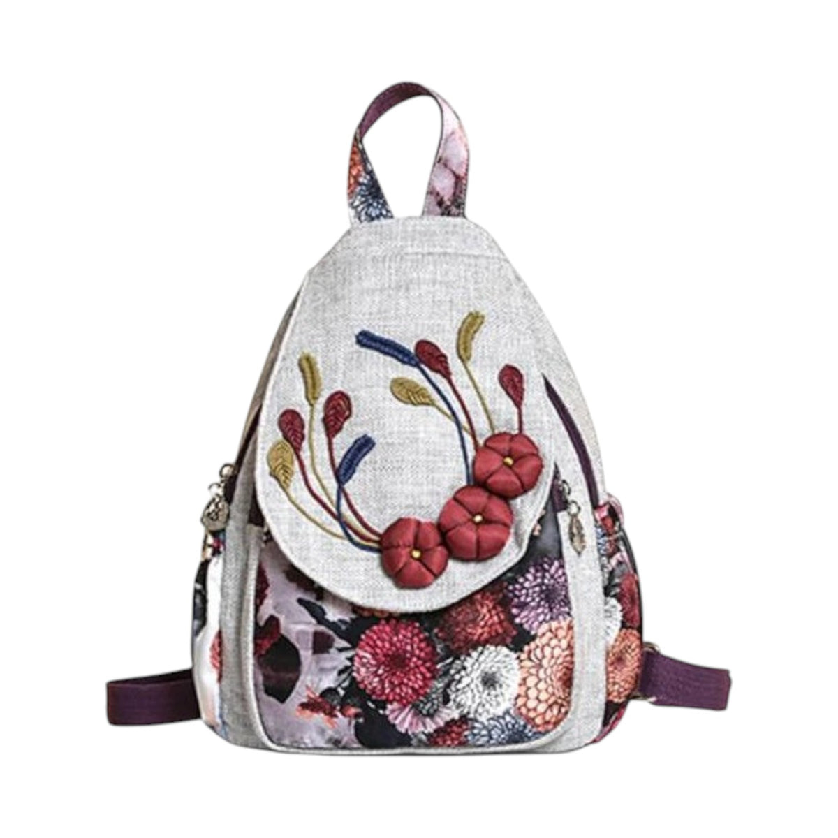 Sac à dos Univers Sac en lin gris avec broderies florales colorées et détails appliqués style ethnique