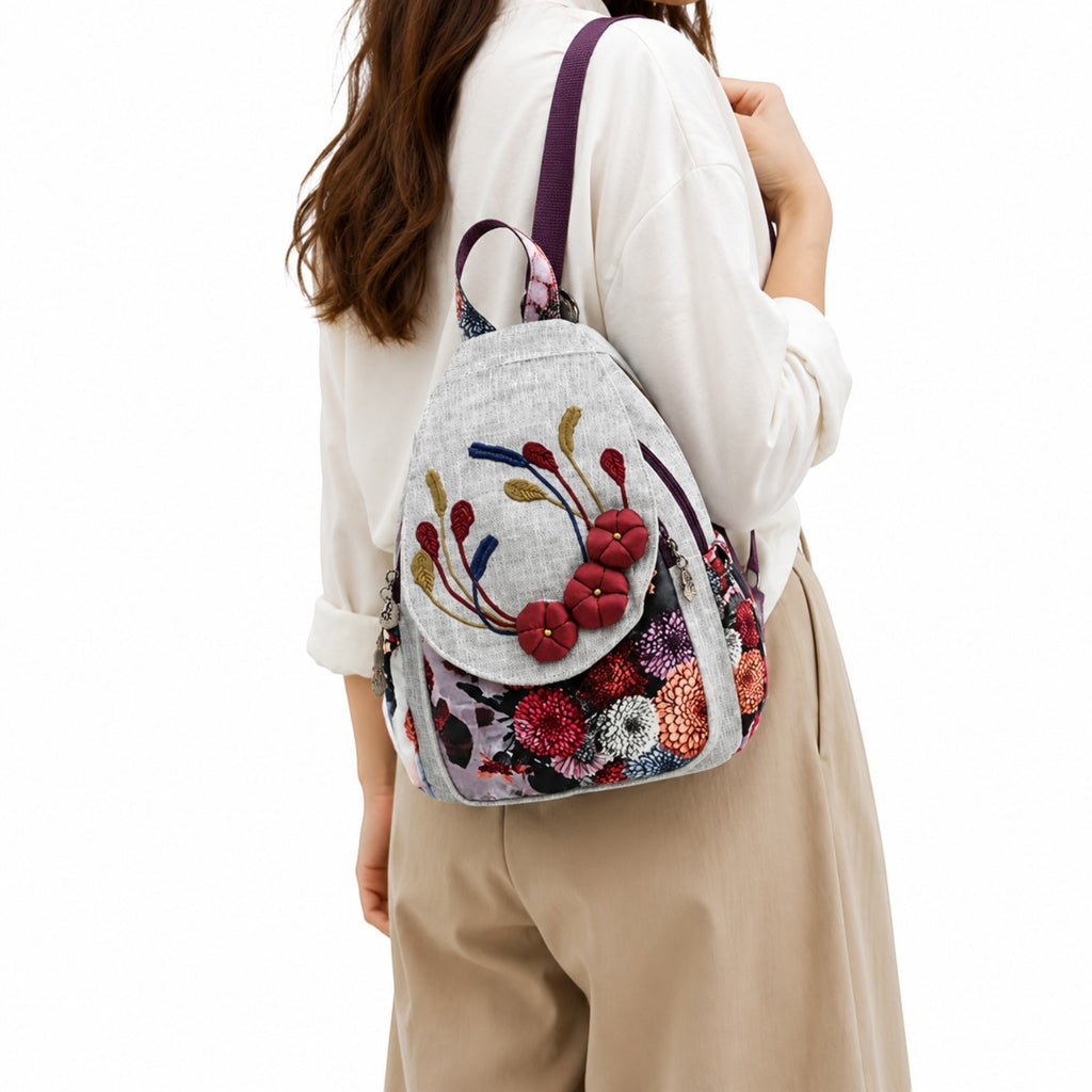 Sac à dos Univers Sac en lin gris avec broderies florales colorées et détails en relief pour femme