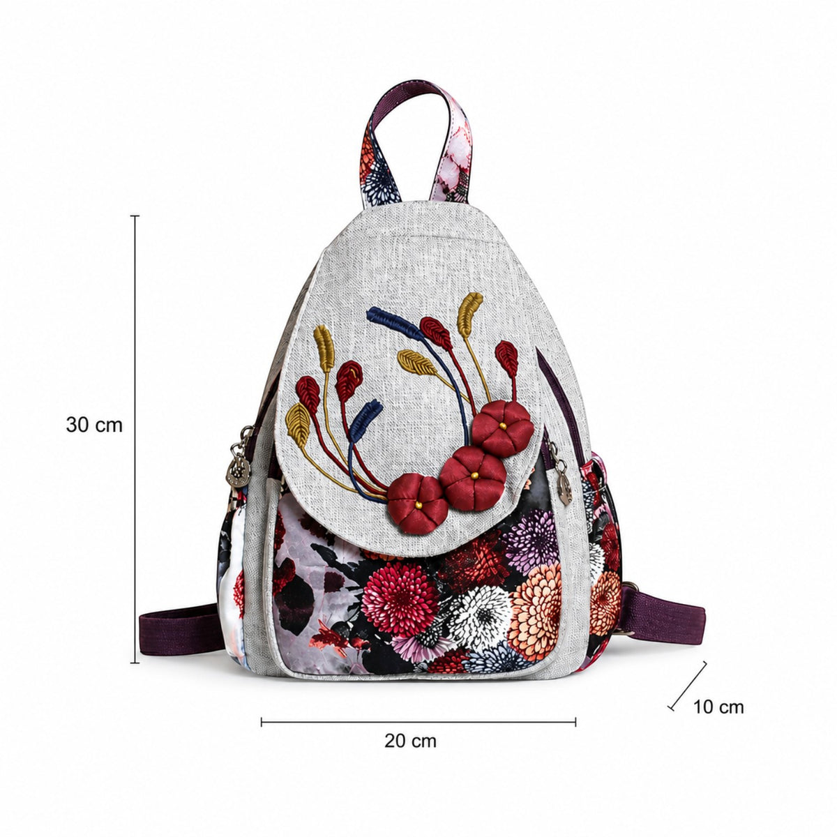 Sac à dos Univers Sac en lin gris avec broderies florales colorées, style ethnique et fermeture zippée pratique.