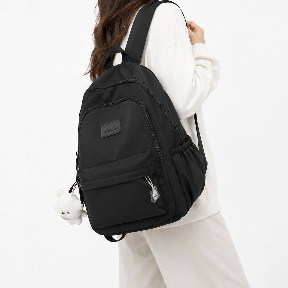 Sac à dos noir en coton imperméable Univers Sac avec bretelles réglables et breloques ours et fantôme.