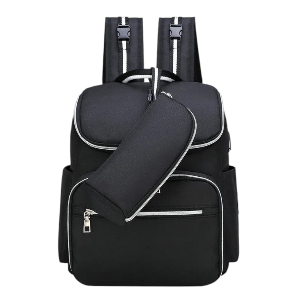 Sac à dos multifonction noir Univers Sac avec trousse assortie, idéal pour maman, en nylon imperméable et résistant.