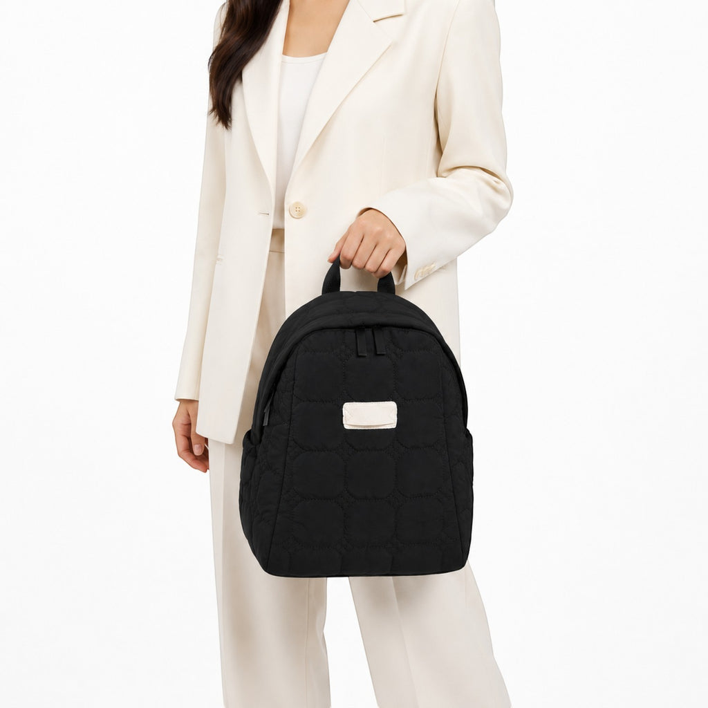 Sac à dos matelassé noir Univers Sac pour femme, design léger et décontracté en coton pour les voyages ou l'école