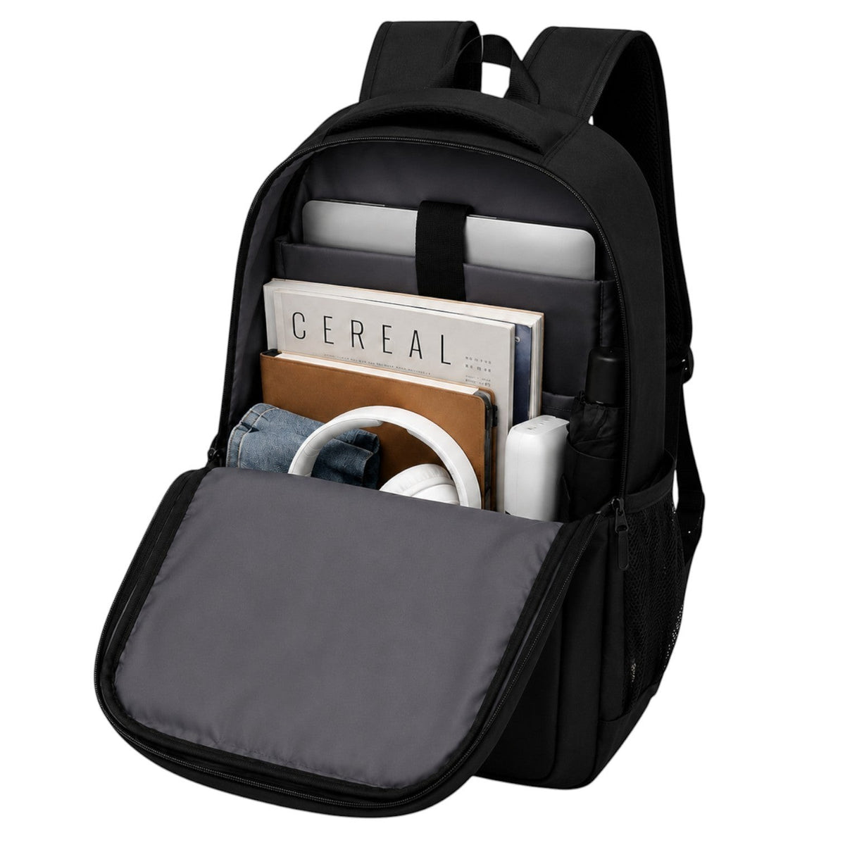 Sac à dos Univers Sac noir en tissu Oxford, style décontracté avec compartiments organisés pour ordinateur et livres.