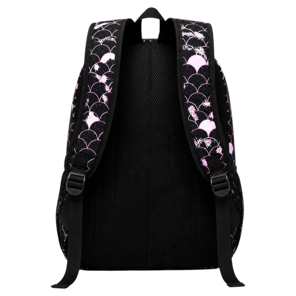 Vue arrière du sac à dos Univers Sac noir avec motif écailles rose, bretelles rembourrées et dos en maille respirante.