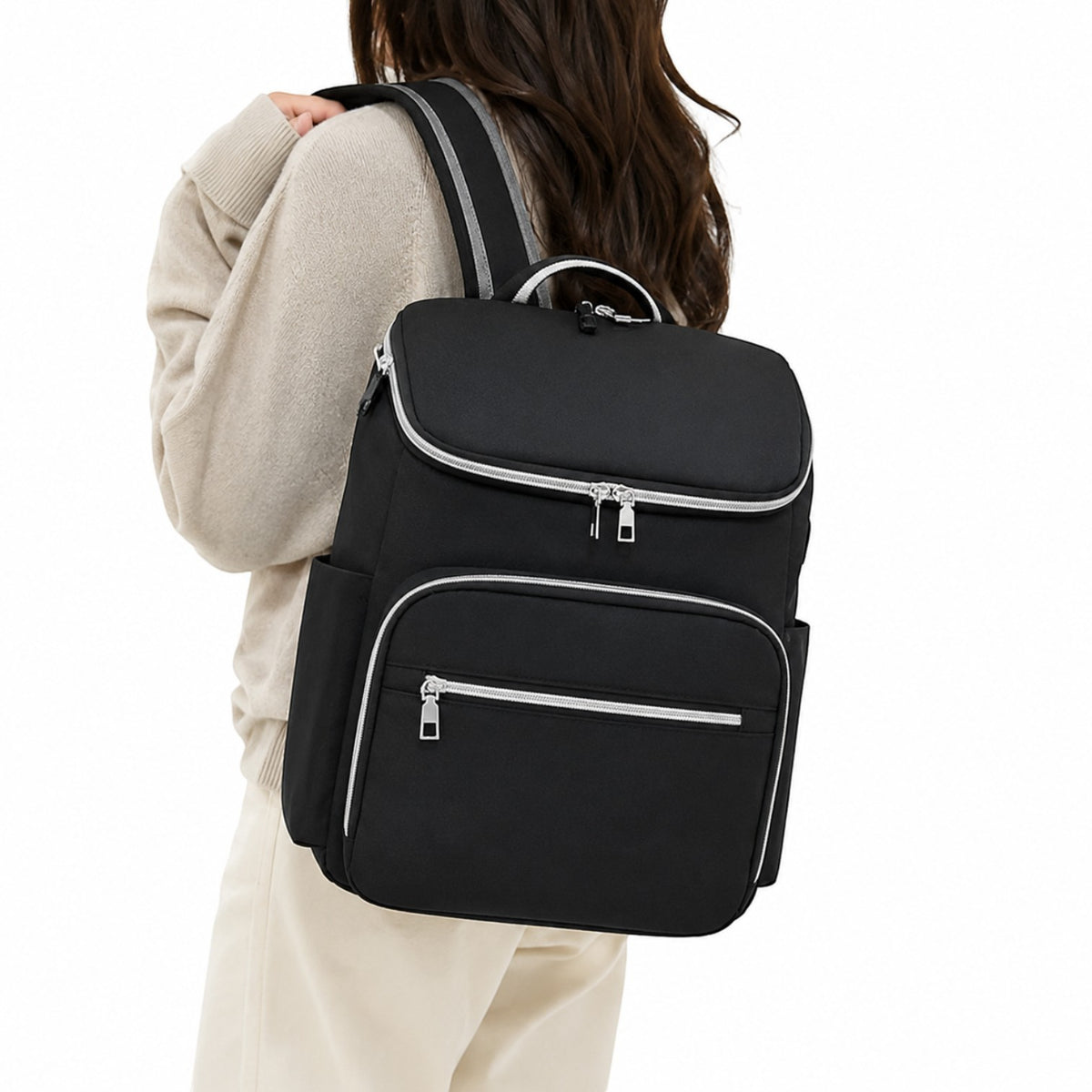 Sac à dos multifonction Univers Sac noir en nylon, idéal comme sac à langer ou sac de voyage pour femme