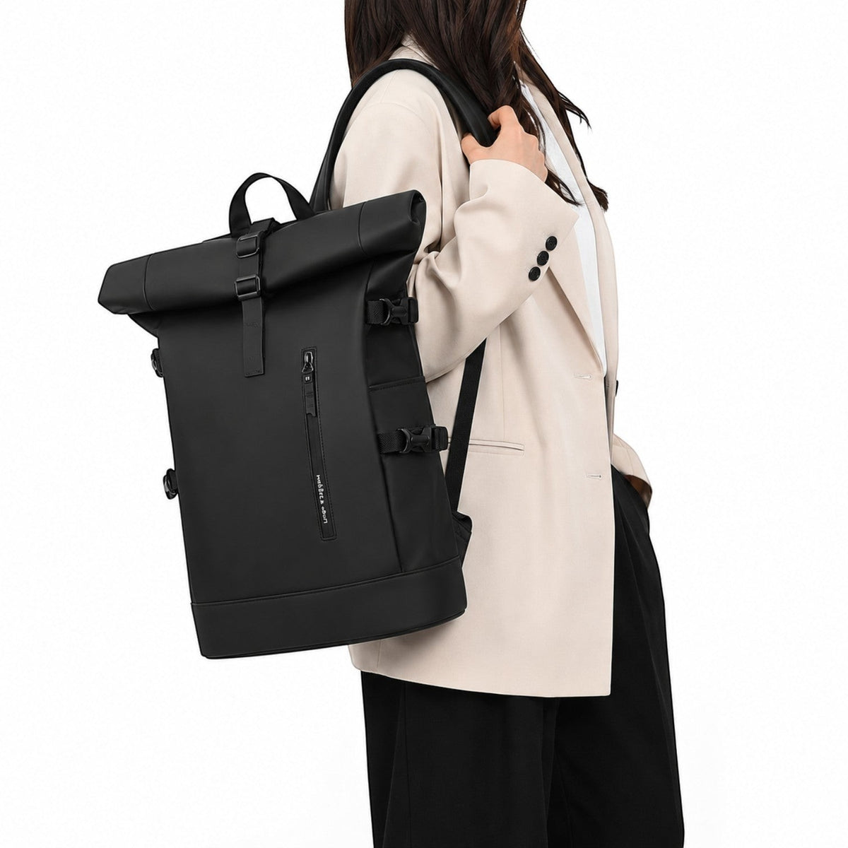 Sac à dos Univers Sac noir imperméable avec fermeture roll-top, idéal pour ordinateur 15,6 pouces et voyages.