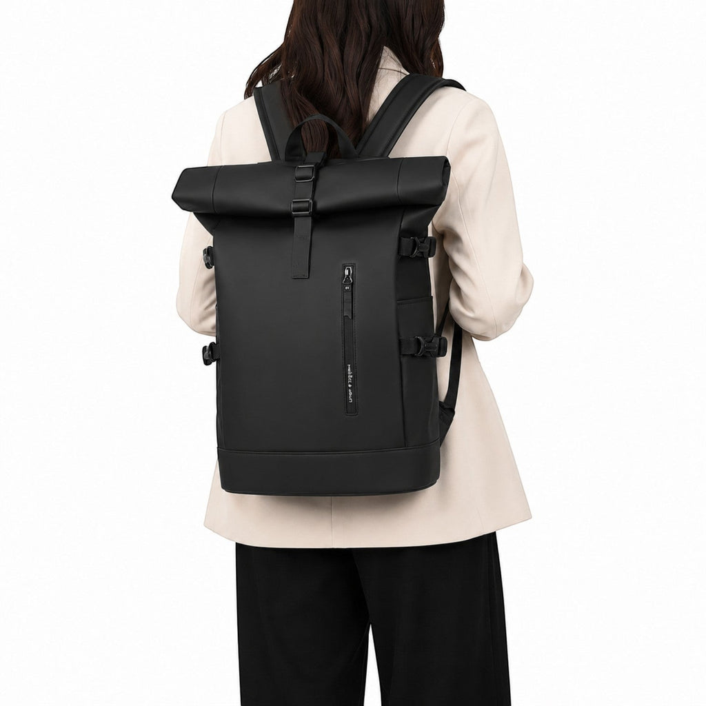 Sac à dos noir imperméable Univers Sac avec fermeture roll-top, port USB et compartiment pour ordinateur 15,6 pouces