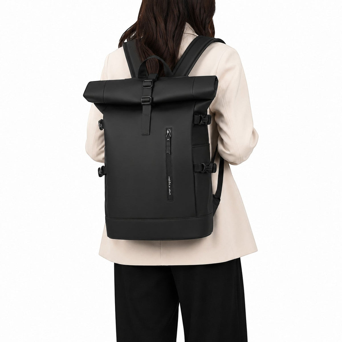 Sac à dos noir imperméable Univers Sac avec fermeture roll-top, port USB et compartiment pour ordinateur 15,6 pouces