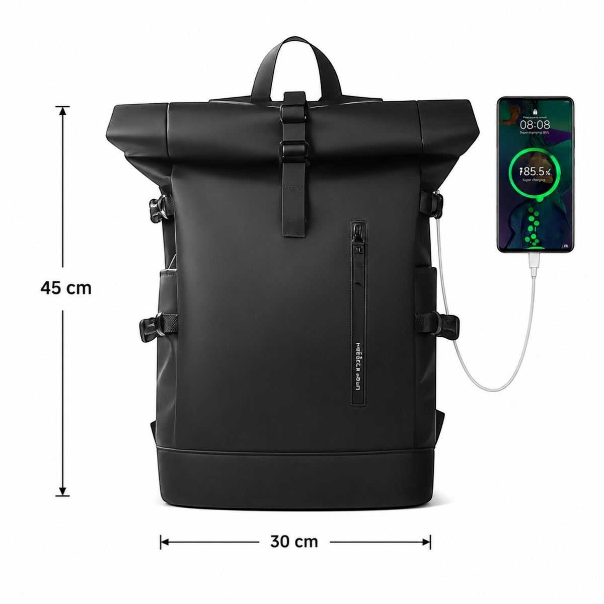 Sac à dos Univers Sac noir imperméable avec fermeture roll-top, port USB et compartiment pour ordinateur 15,6 pouces.