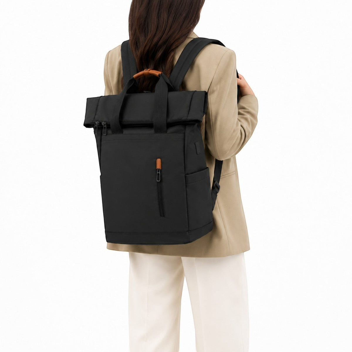 Sac à dos Univers Sac noir imperméable avec fermeture roll-top, port USB et compartiment pour ordinateur 15,6 pouces.