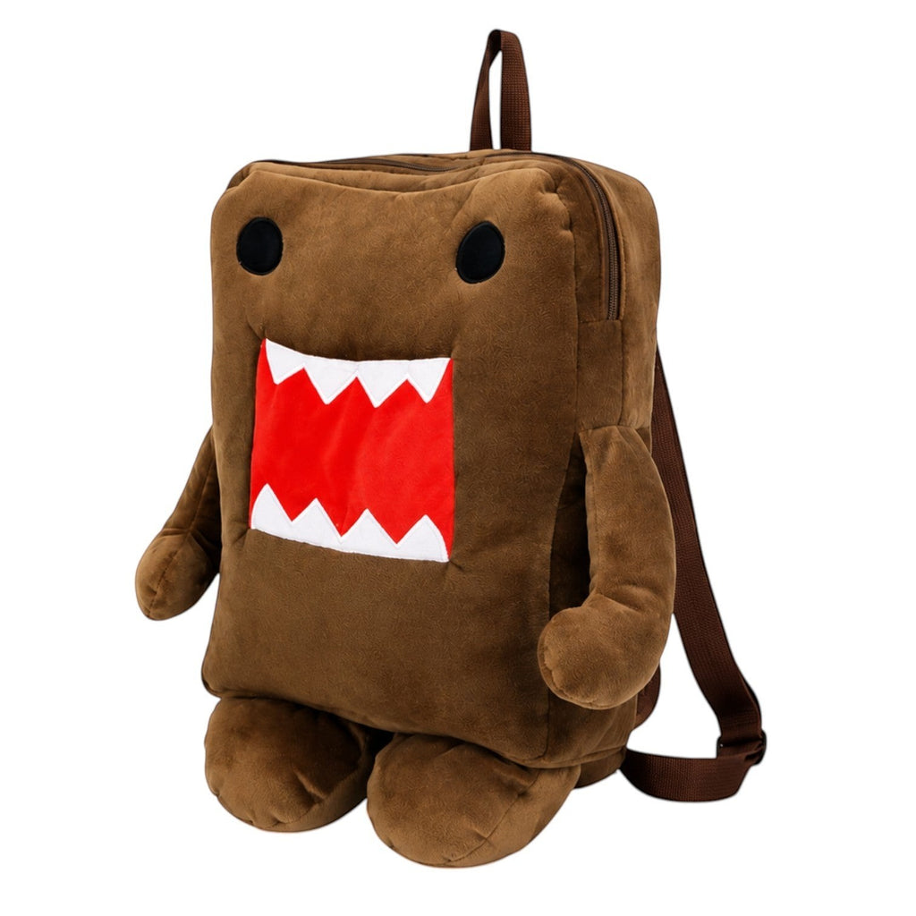 Sac à dos en peluche marron Univers Sac représentant le personnage Domo Kun avec une bouche rouge et des dents blanches