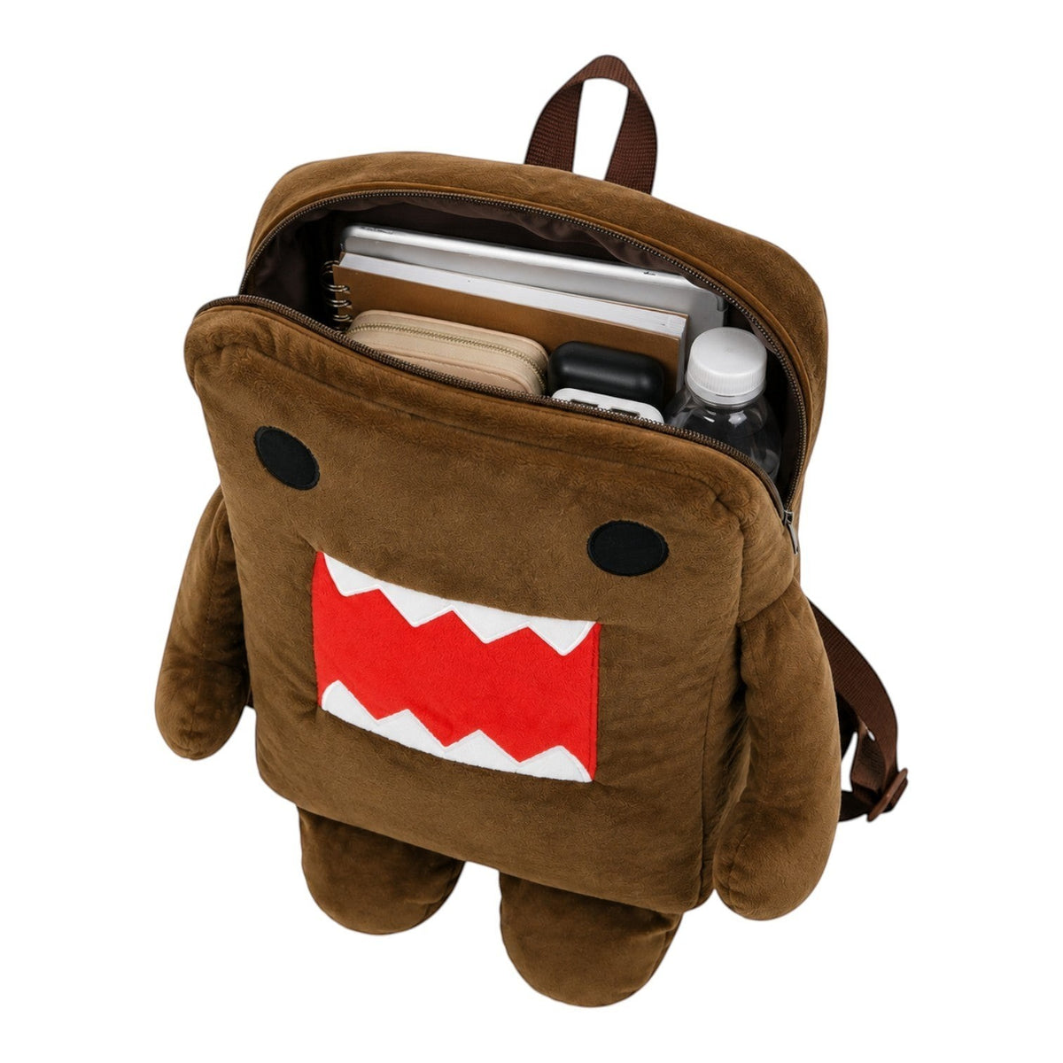 Sac à dos en peluche marron Univers Sac en forme de Domo Kun avec compartiment zippé ouvert et intérieur spacieux
