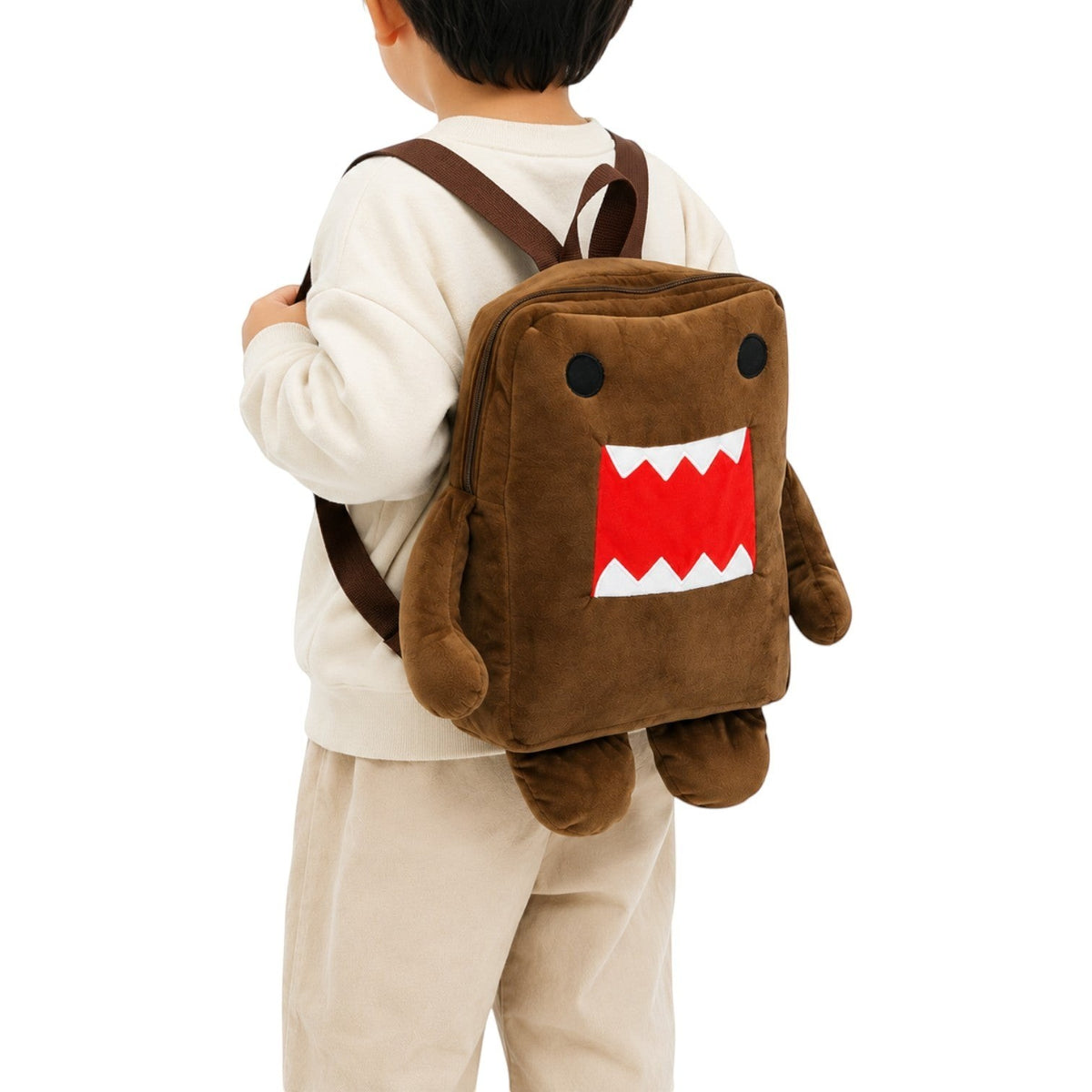 Sac à dos en peluche marron Univers Sac représentant le personnage Domo Kun avec une bouche rouge et des dents