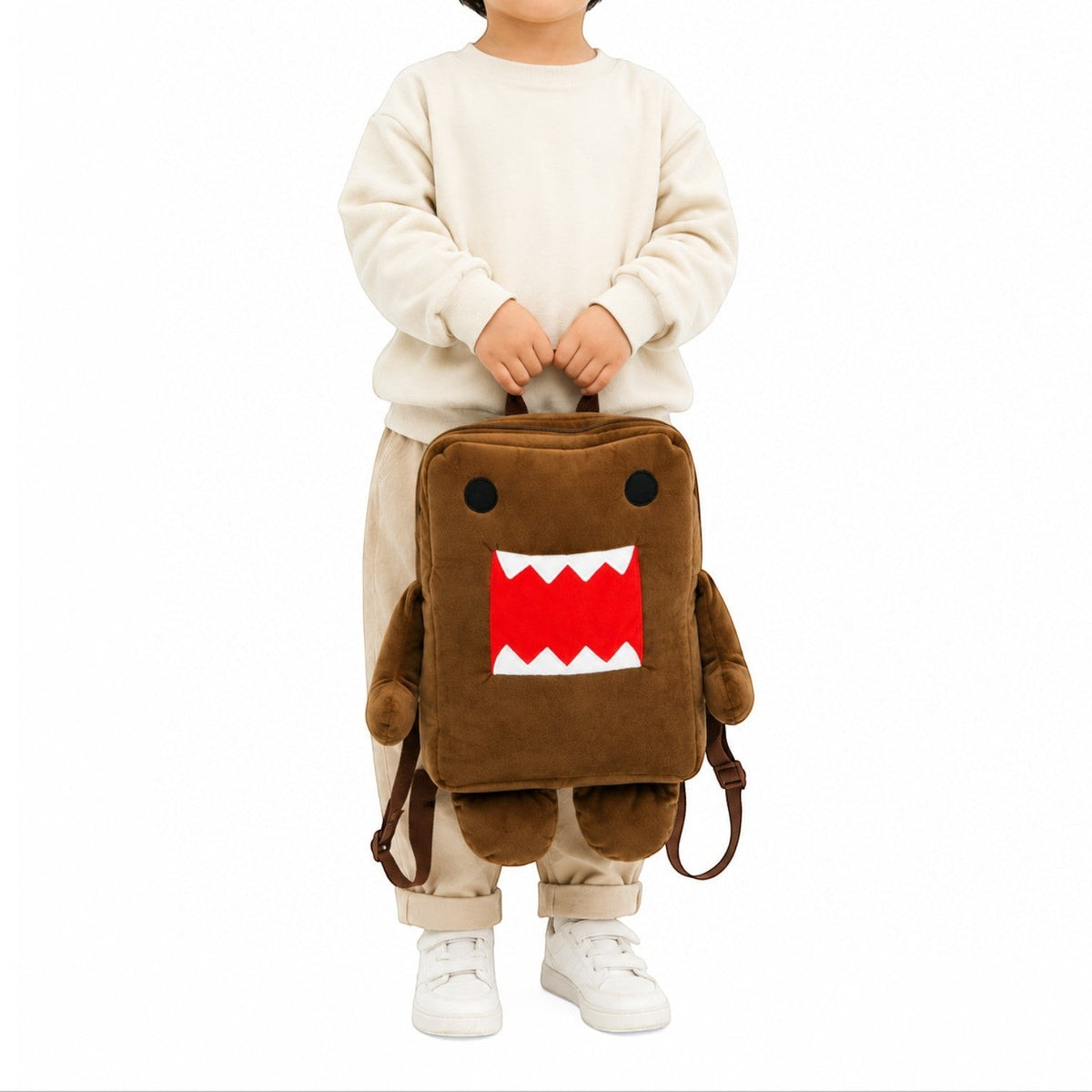 Sac à dos en peluche marron Univers Sac représentant le personnage Domo Kun avec une bouche dentée rouge