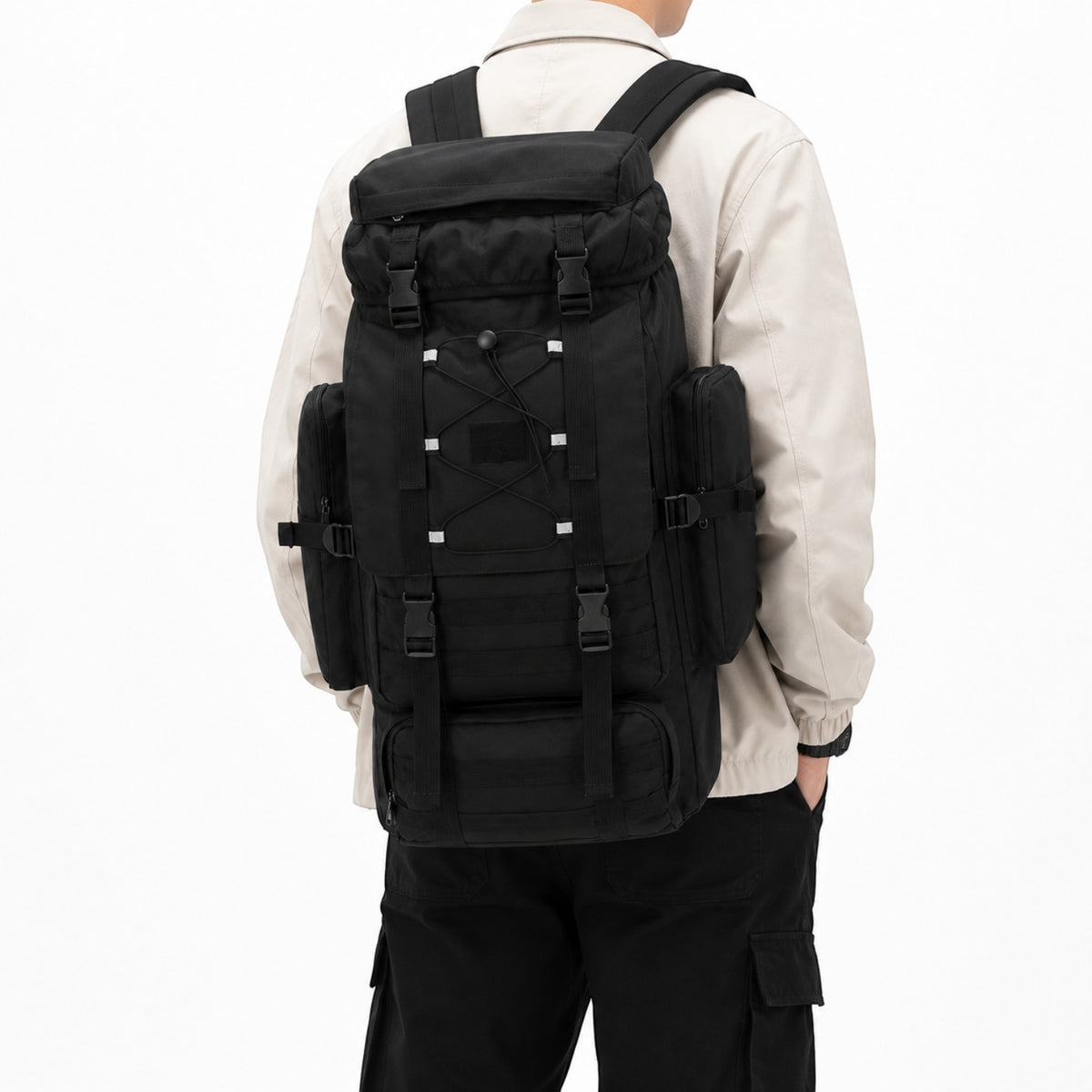 Sac à dos de randonnée Univers Sac noir en nylon imperméable avec système Molle et bandes réfléchissantes