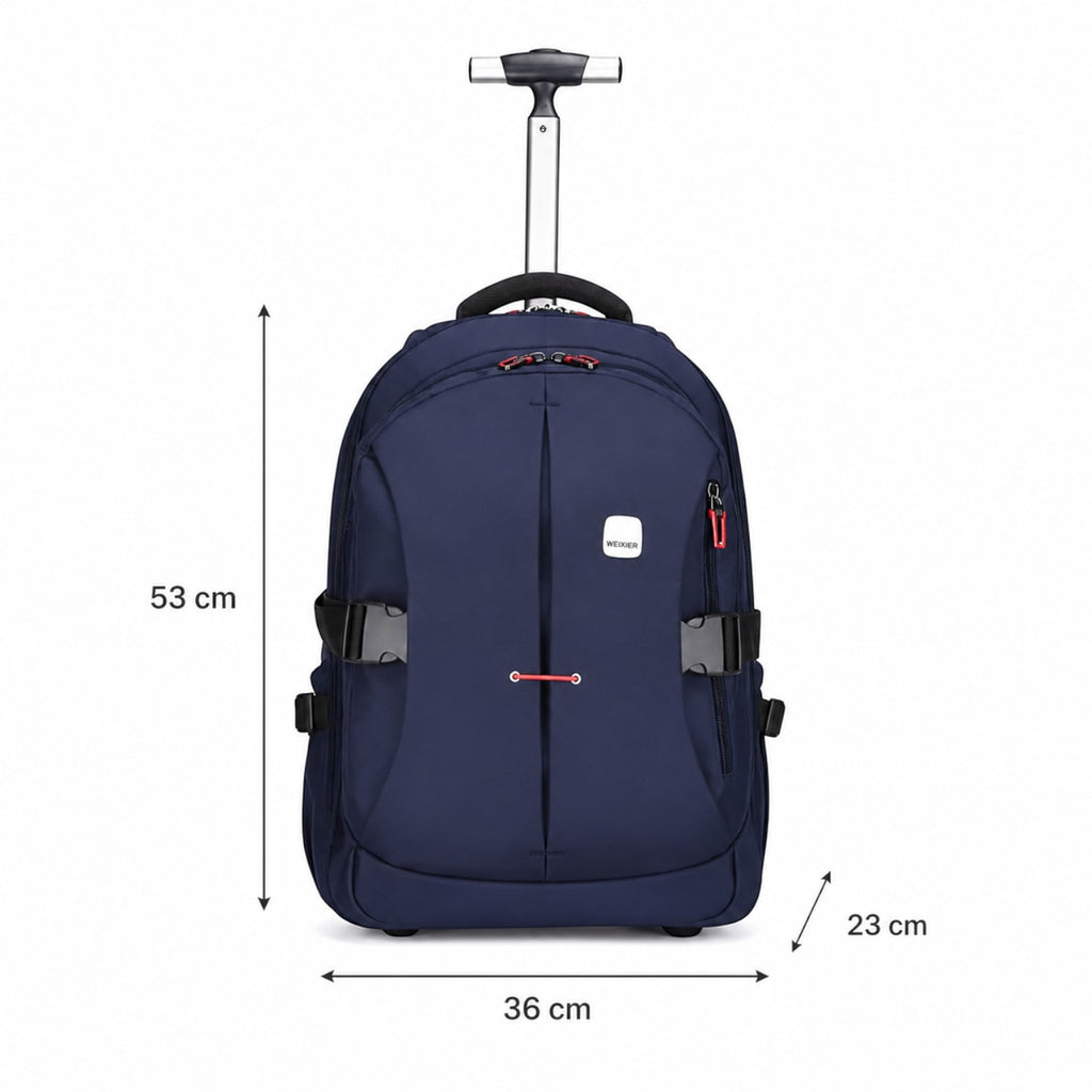 Sac à dos à roulettes bleu marine Univers Sac avec poignée télescopique, idéal pour les voyages et le travail.