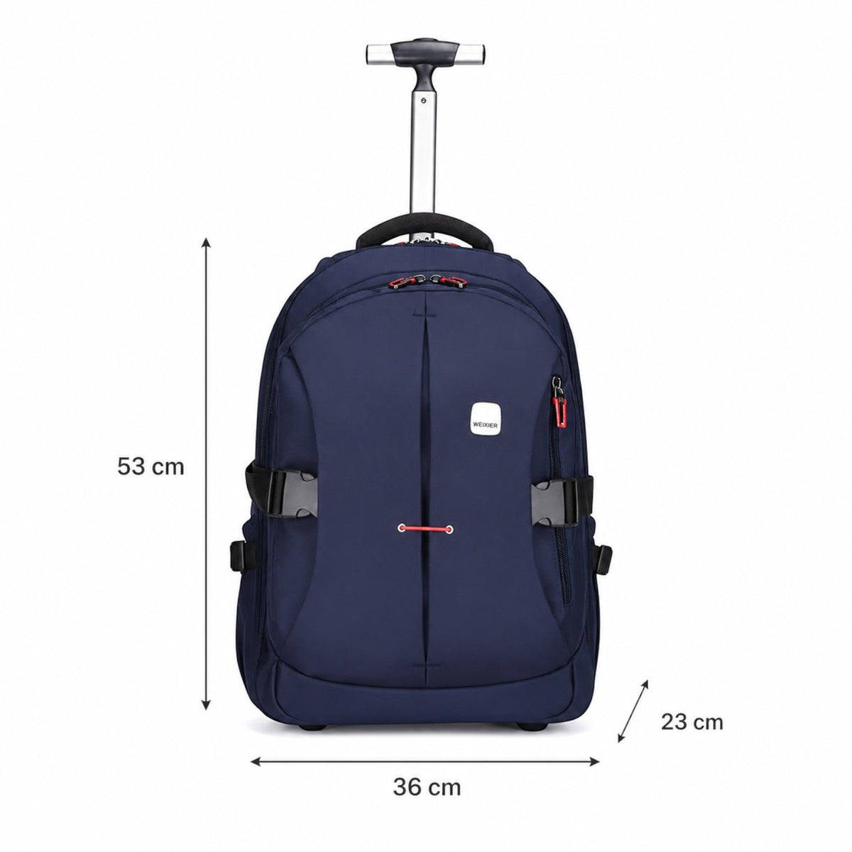 Sac à dos à roulettes bleu marine Univers Sac avec poignée télescopique, idéal pour les voyages et le travail.