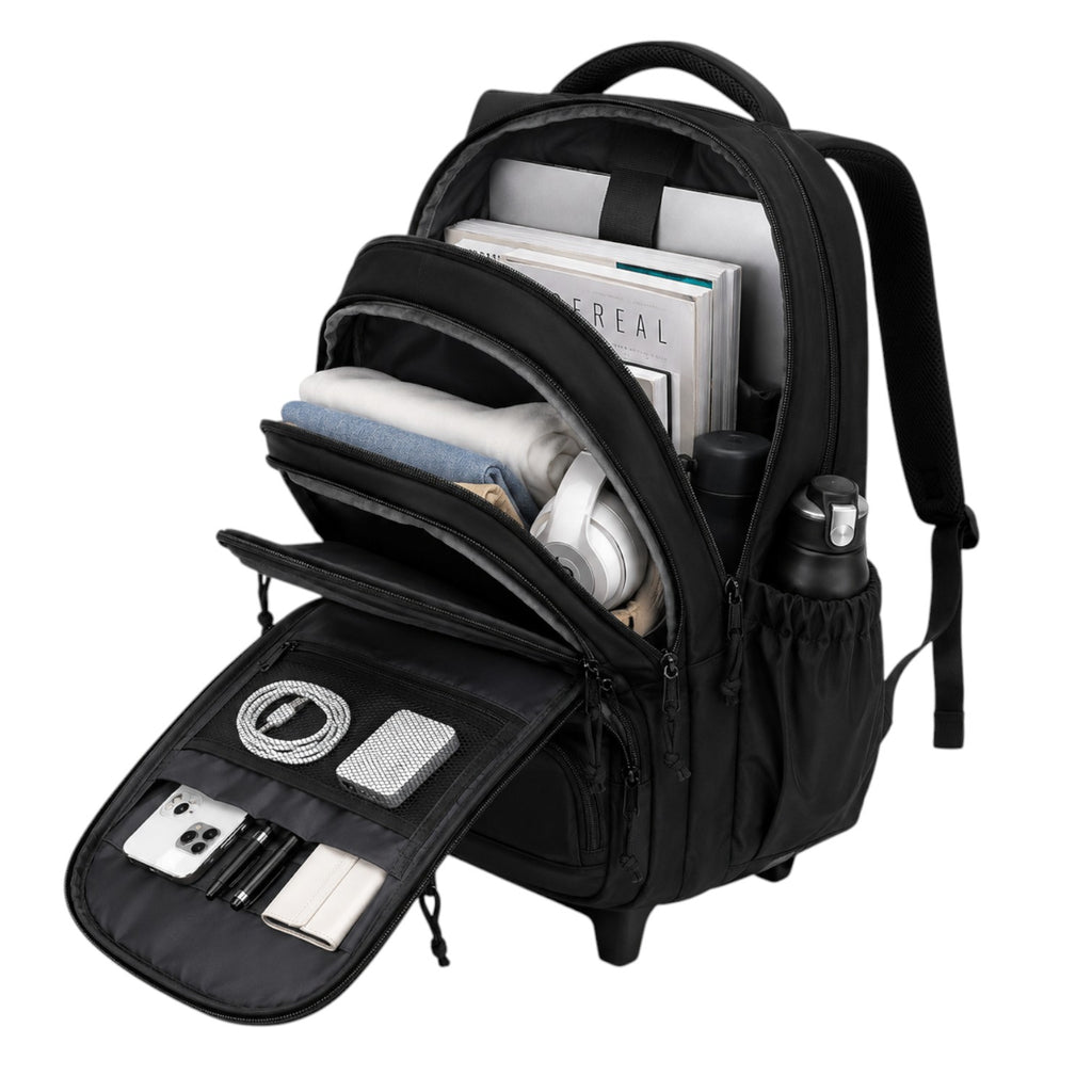 Sac à dos à roulettes noir Univers Sac en nylon avec multiples compartiments zippés pour fournitures scolaires et voyage