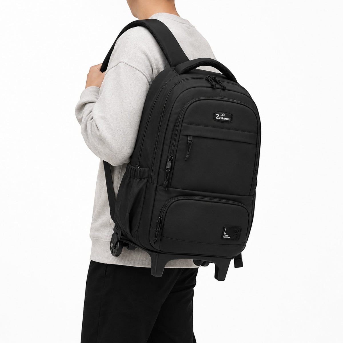 Sac à dos à roulettes noir Univers Sac en nylon résistant pour écoliers avec compartiments zippés et poignée télescopique