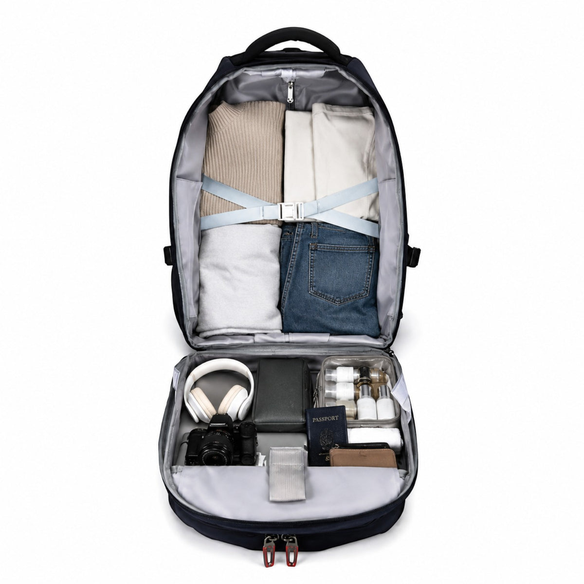 Sac à dos à roulettes Univers Sac noir ouvert avec compartiments organisés pour vêtements, appareil photo et accessoires
