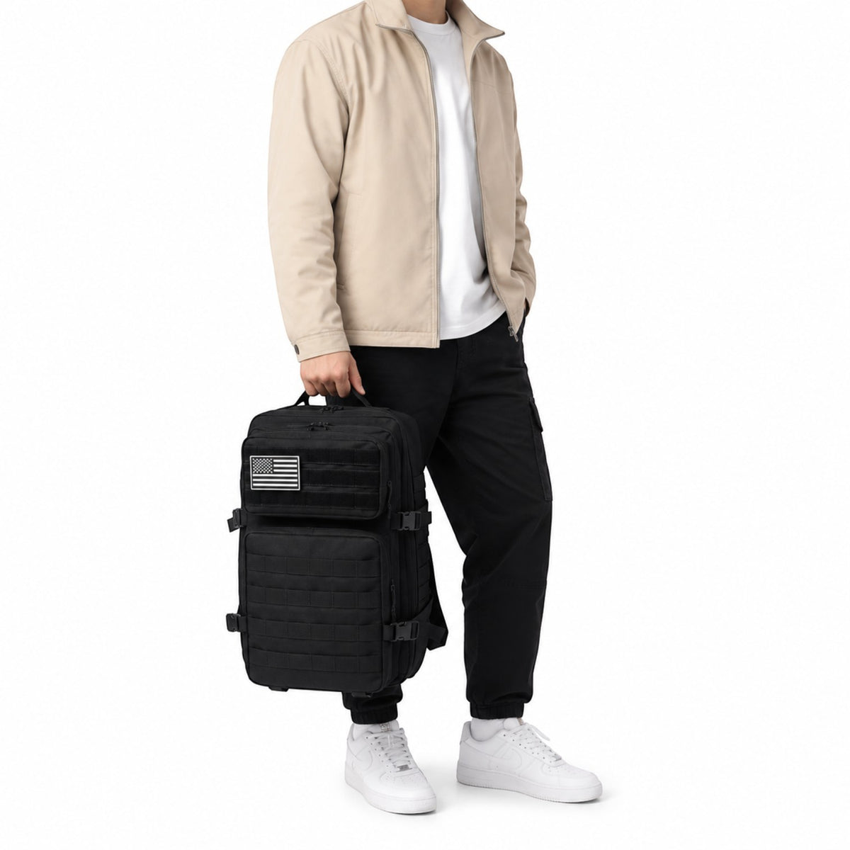Sac à dos tactique noir Univers Sac en tissu Oxford avec système Molle et patch drapeau pour randonnée et voyage