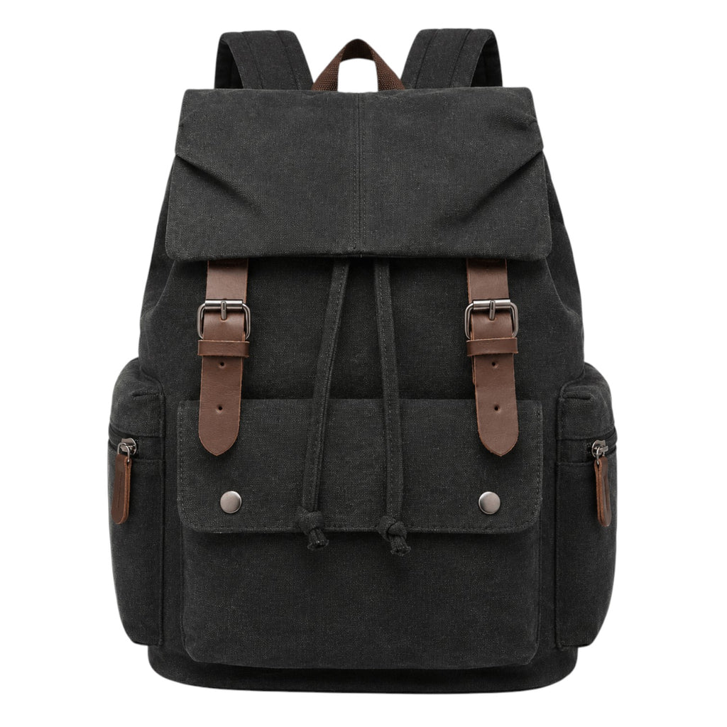Sac à dos vintage Univers Sac en toile noire avec détails en cuir synthétique marron et fermetures à boucles